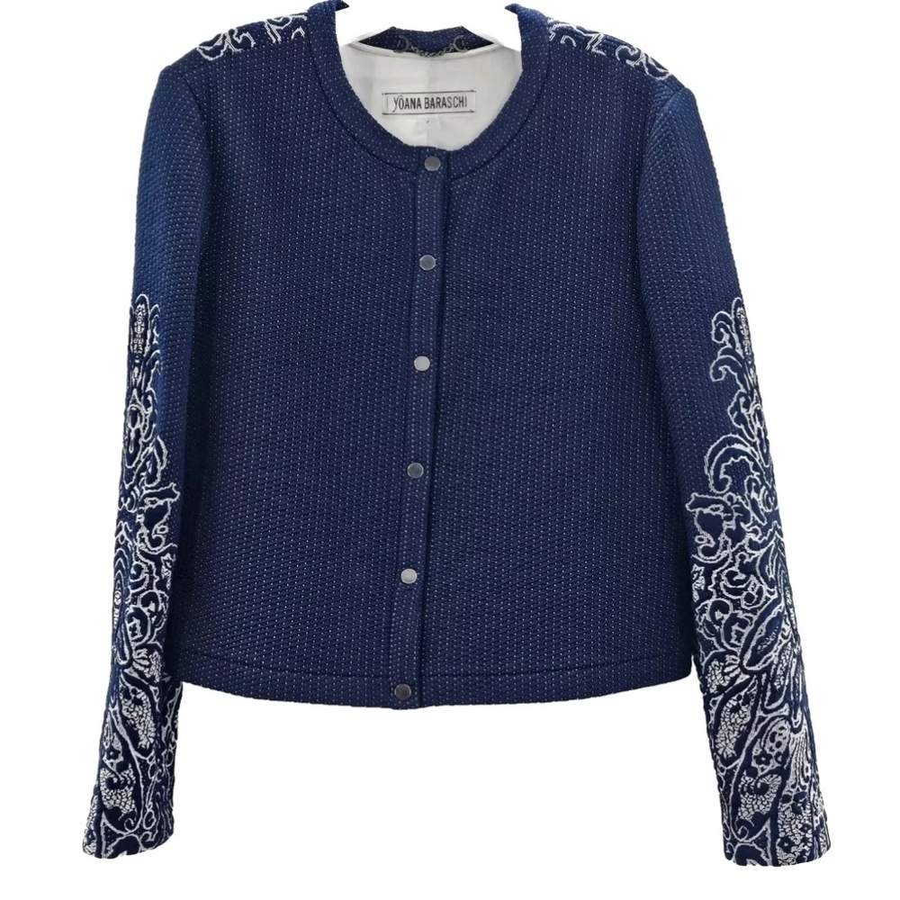 Yoana Baraschi Blue Cropped Jacquard Button Snap Front Jacket Womens Size Large